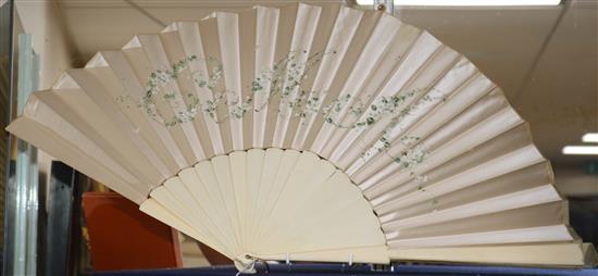 A large bone and cream silk fan painted with a monogram, c.1900 length 46cm